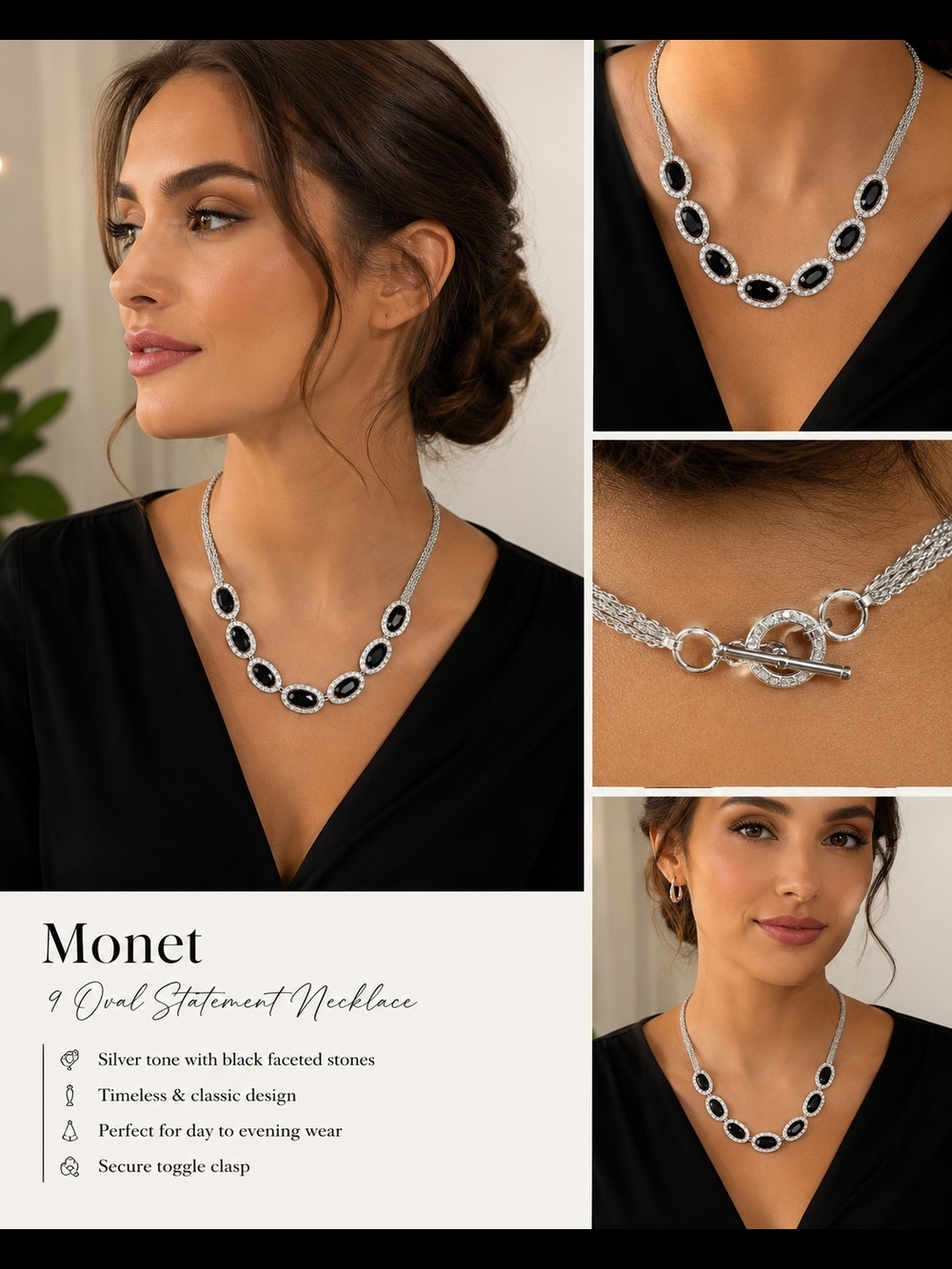 Monet Silver Tone Black Faceted Oval Statement Necklace Toggle Clasp